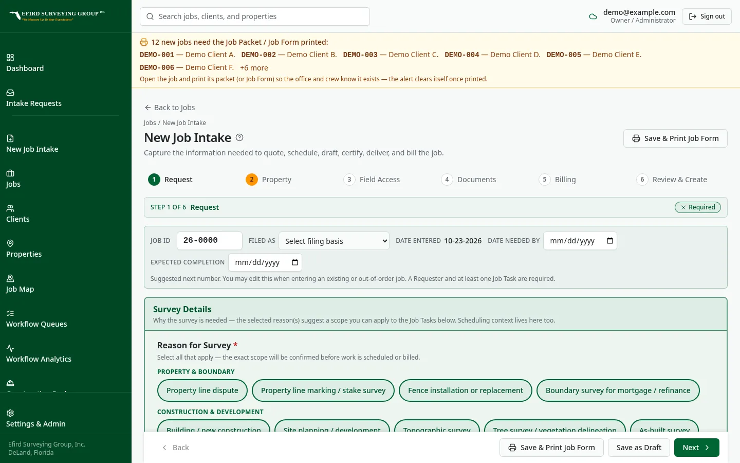 Efird Surveying Group custom software: How a new survey request gets entered