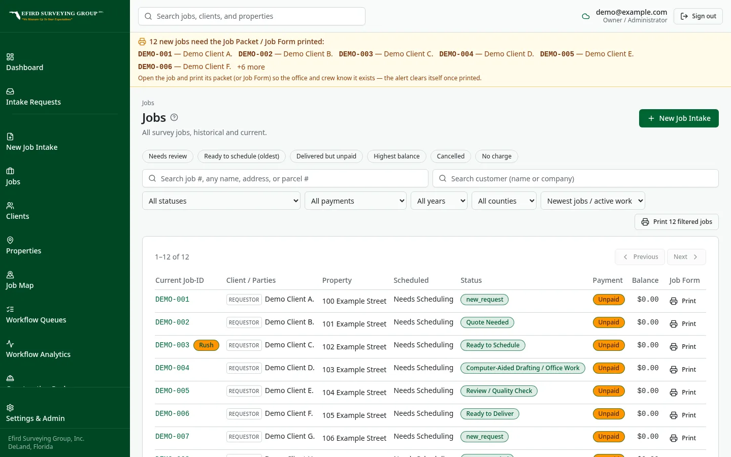 Efird Surveying Group custom software: Every survey job and where it stands